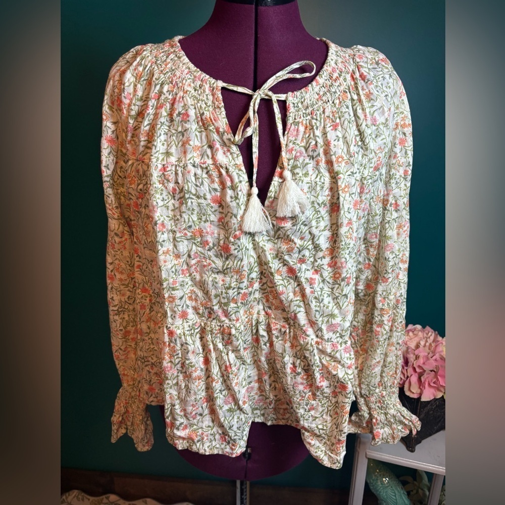 American Eagle Outfitters Pink and White Long Sleeve Tie Front Blouse